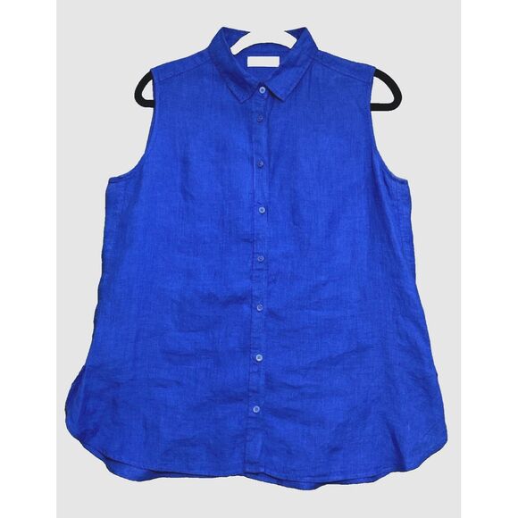 Uniqlo Women's 100% Linen Size Large Cobalt Blue Button Up Sleeveless top - Picture 2 of 5